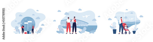 Travel concept collection. Vector flat illustration set. Mother and father with baby in carrier and child in pram. Airport building, airplane and planet earth symbol. Design for family journey