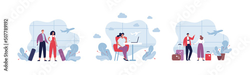 Travel concept collection. Vector flat illustration set. Couple of tourist people character with baggage in departure zone, vip lounge. Airport window and airplane on background.
