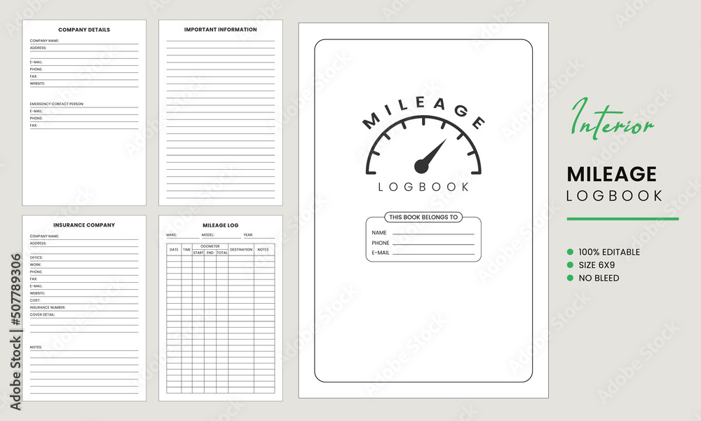 Mileage Log Book kdp Interior Template Design