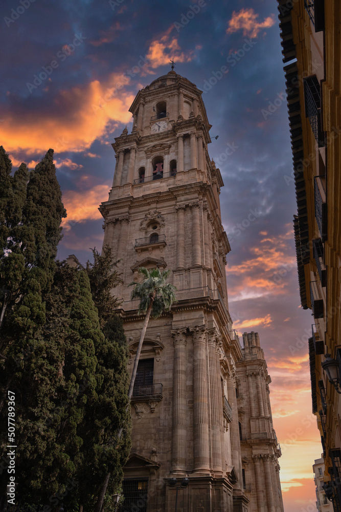 Sunset in the cathedral of Malaga, known as 