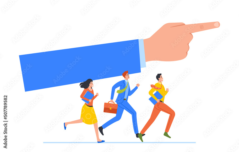 Fototapeta premium Business Team Run by Direction Showing with Huge Index Finger. Business People Competition, Goal Achievement