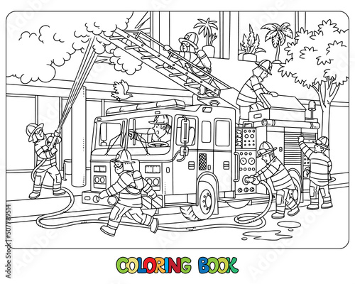 Firefighters near a fire truck. Coloring book