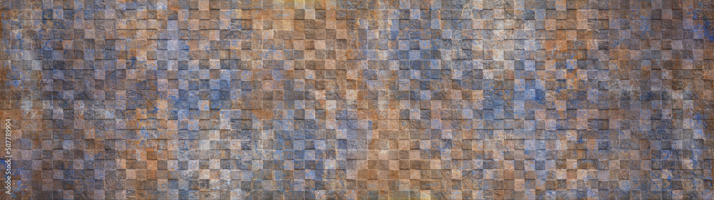 Old brown blue gray rusty vintage worn geometric shabby mosaic ornate patchwork motif porcelain stoneware tiles stone concrete cement wall texture background banner panorama, with square cubes 3D. - obrazy, fototapety, plakaty 