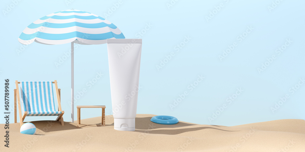 Summer background for presentation of cosmetic product packaging. Cream bottle with sun lounger and umbrella on the sand. 3d rendering illustration.