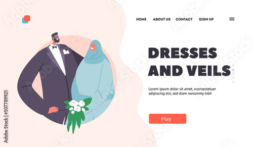 Bridal Dresses and Veils Landing Page Template. Modern Newlywed Arab Man and Woman Wear Traditional Festive Clothes