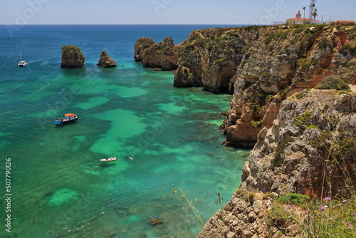 Sheer cliffs-tourist motorboats-eastern shore of Ponta da Piedade Point. Lagos-Portugal-275 photo