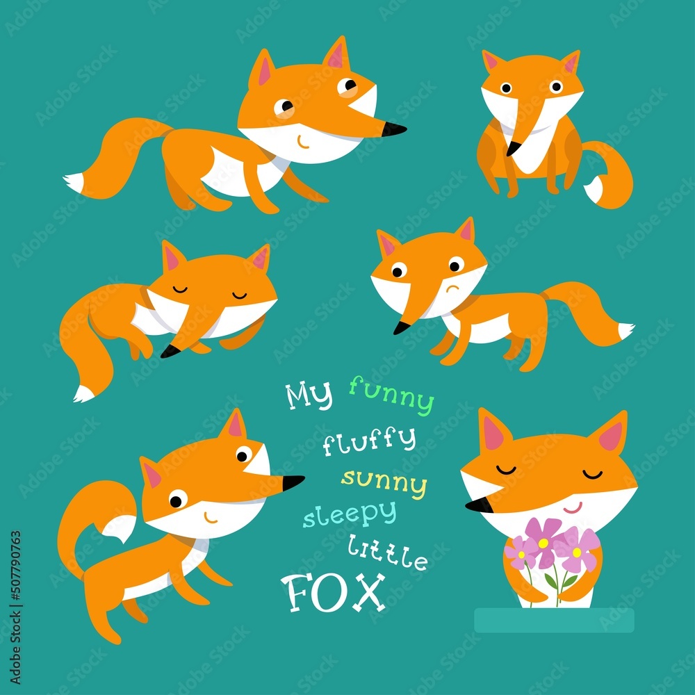 Vector set of cute foxes in cartoon flat style. Colored animals for stickers, books, games. Funny characters.