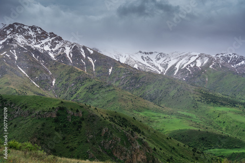 Landscape of mountains in rainy and cloudy weather in Kazakhstan.
