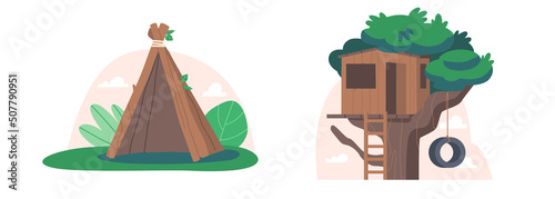 Tree House and Hut Made of Branches Isolated on White Background. Wooden Constructions for Kids Summer Recreation