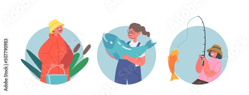 Children Fishermen with Rod, Big Fish and Bucket Round Icons or Avatars. Kids Fishing Fun on Pond, Summer Recreation