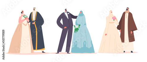 Set of Arab Couples Wedding Ceremony, Traditional Muslim Groom and Bride Characters Wear Festive Clothes