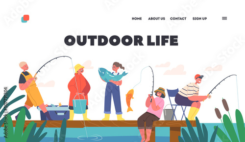 Outdoor Life Landing Page Template. Children Fishermen Have Fun on Pond, Little Boys and Girls Fishing with Rods on Pier