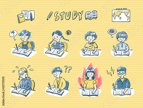レッツスタディ！塾や家で勉強する子どもたちのベクターセット（難しいけどがんばる）