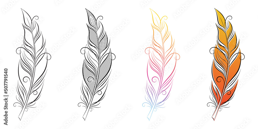 Set of stylized feathers. Fluffy feather silhouette with gradient.