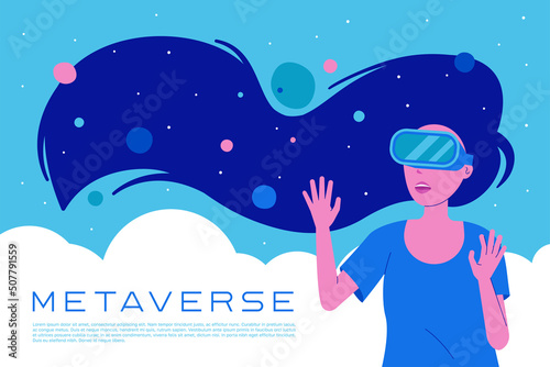 A woman in virtual reality glasses. Metaverse technology virtual reality concept.