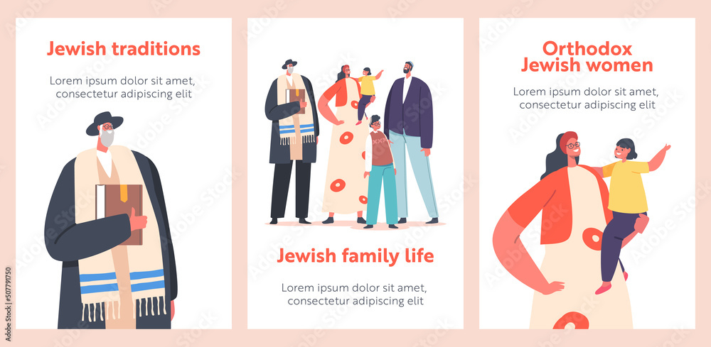 Jewish Life and Traditions, Traditional Family Banners, Orthodox Jew Parents, Grandfather and Kids Characters