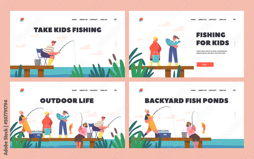 Children Outdoor Life Landing Page Template Set. Little Fishermen Having Fun on Pond, Boys and Girls Fishing with Rods