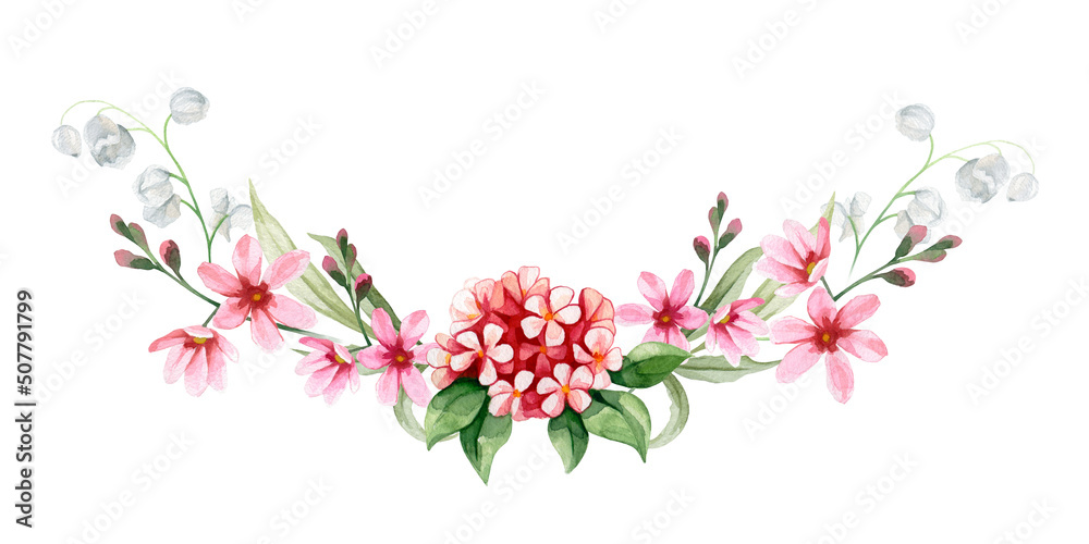 Watercolor floral bouquet. Arrangements with garden wild flowers. Botanic illustration set. Herbal elements of wild flowers, leaves