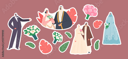 Set of Stickers Arab Couples Wedding Ceremony, Traditional Muslim Groom and Bride Characters Wear Festive Clothes
