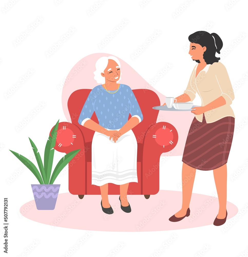 Woman bring tea to old person vector Woman bring tea to old person vector