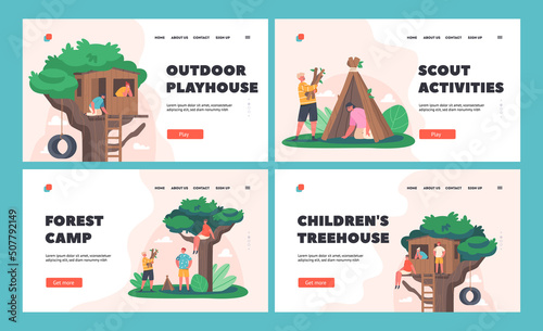 Kids Outdoor Activities Landing Page Template. Children Playing at Treehouse and Hut, Fun in Summer Forest Camp