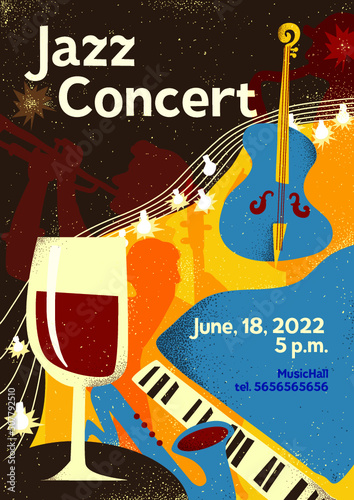 Jazz concert gala event retro style vector poster template