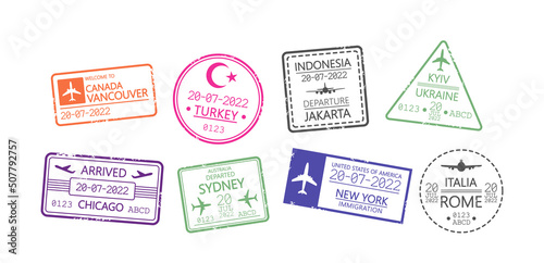 Set of International Travel Visa Passport Stamps. Berlin, Chicago, Paris, Tokyo. Hong Kong, Netherlands, Glasgow, Canada