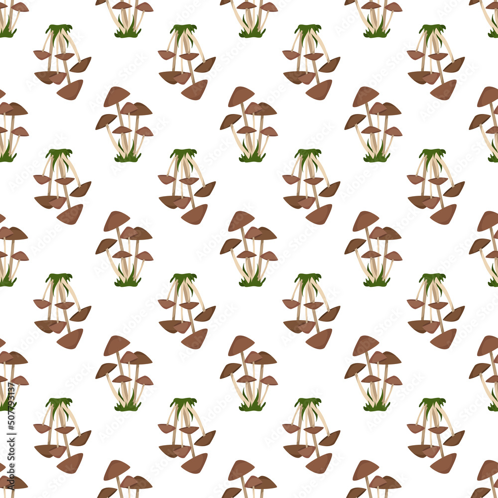 Seamless pattern with toadstool mushrooms with brown caps on thin white legs grow in bunches among the grass on white background. Print of mushroom. Vector flat illustration
