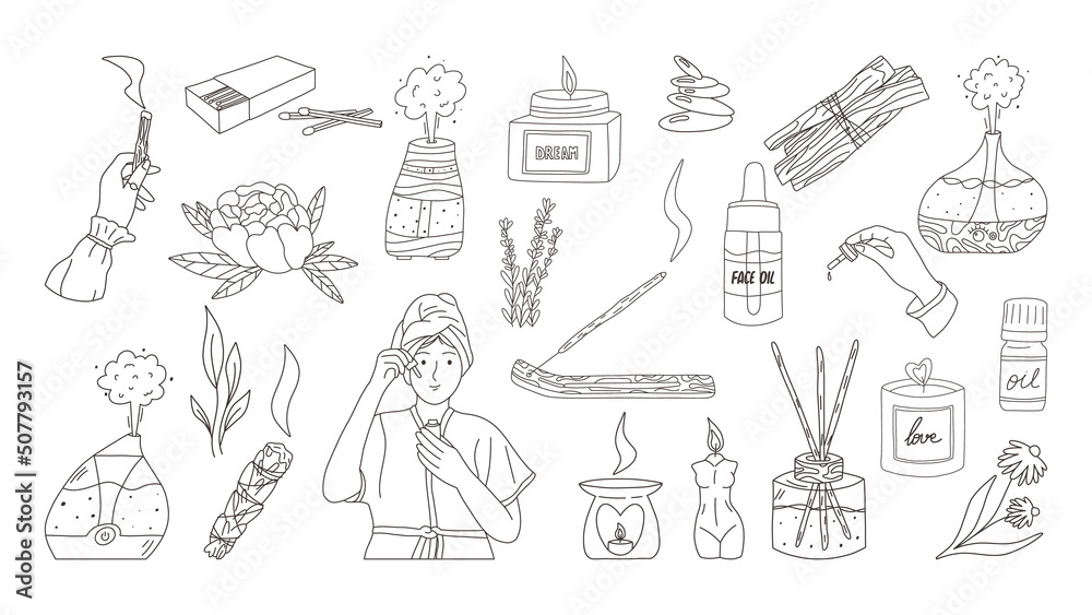 Self care and skin care outline icons, vector illustration isolated on white background. Set of candles, beauty products, flowers and woman applying moisturizer or essential oil.