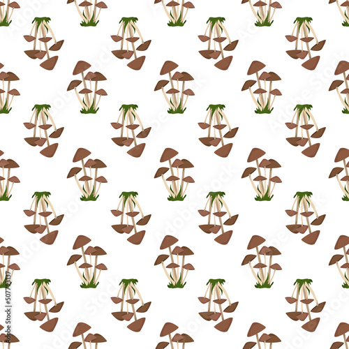 Seamless pattern with toadstool mushrooms with brown caps on thin white legs grow in bunches among the grass on white background. Print of mushroom. Vector flat illustration