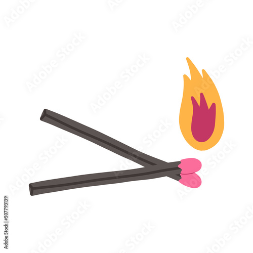 Two burning matches, flat vector illustration isolated on white background. Cartoon wooden matchstick in fire. Concepts of arson, smoke and bonfire.
