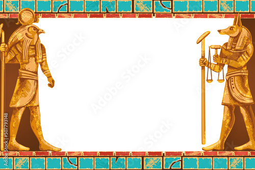 Egypt game frame, vector stone ancient Egyptian background, god temple statue, old brick tile border. Africa civilization tomb decor, archaeology interior illustration. Egypt rock frame, Anubis figure