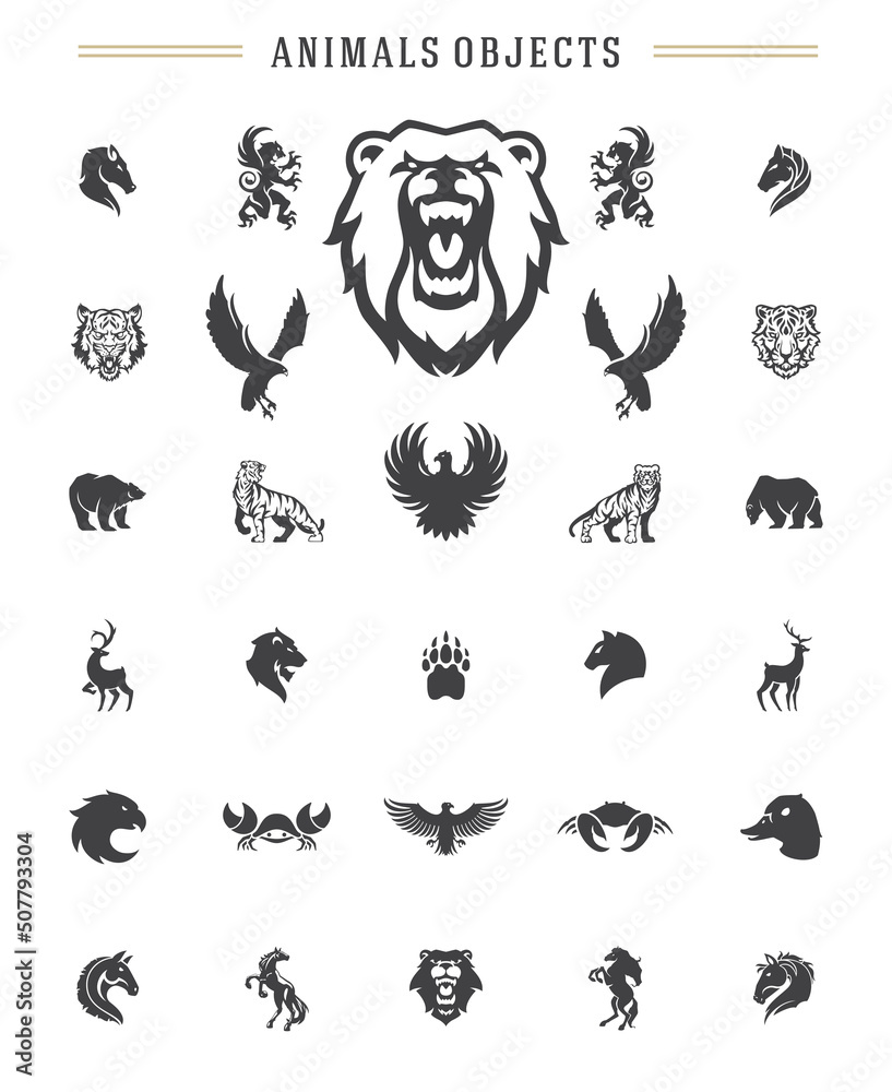 Animals silhouettes objects vector design elements set vintage style isolated on white. For logos badges and other graphic design.