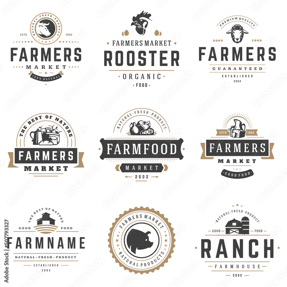 Farmers market logos templates vector objects set. Logotypes or badges design. Trendy retro style illustration, farm natural organic products food, rooster, pig head and ranch silhouettes. - obrazy, fototapety, plakaty 