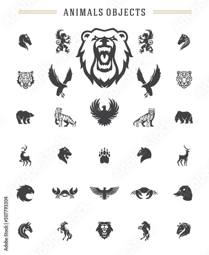 Animals silhouettes objects vector design elements set vintage style isolated on white. For logos badges and other graphic design.