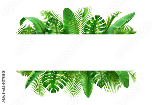 Poster with tropical 3D realistic leaves, exotic background. Vector border with spare place for text, jungle foliage backdrop. Vibrant greenery decoration, spring leaf and branches, vacation nature