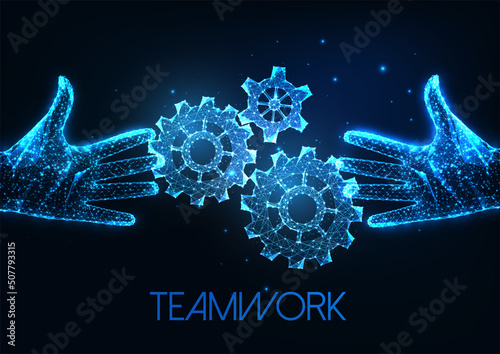 Futuristic teamwork, collaboration concept with glowing hands touching gears, cog wheels 