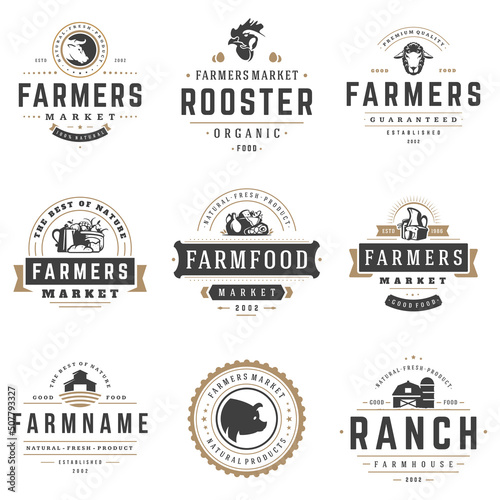 Farmers market logos templates vector objects set. Logotypes or badges design. Trendy retro style illustration, farm natural organic products food, rooster, pig head and ranch silhouettes.