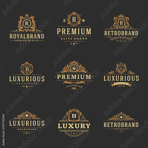 Luxury monograms logos templates vector objects set for logotype or badge design. Trendy vintage royal ornament frames illustration, good for fashion boutique, alcohol or hotel brand.