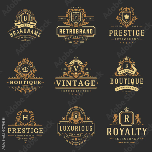Luxury monograms logos templates vector objects set for logotype or badge design. Trendy vintage royal ornament frames illustration, good for fashion boutique, alcohol or hotel brand.