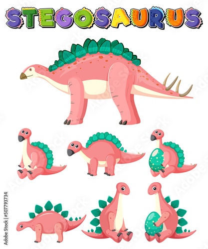 Set of cute stegosaurus dinosaur cartoon characters