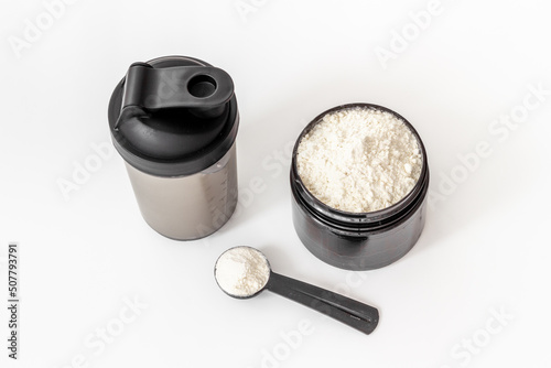 Sport bottle with protein shake and whey protein powder. Sport food supplement
