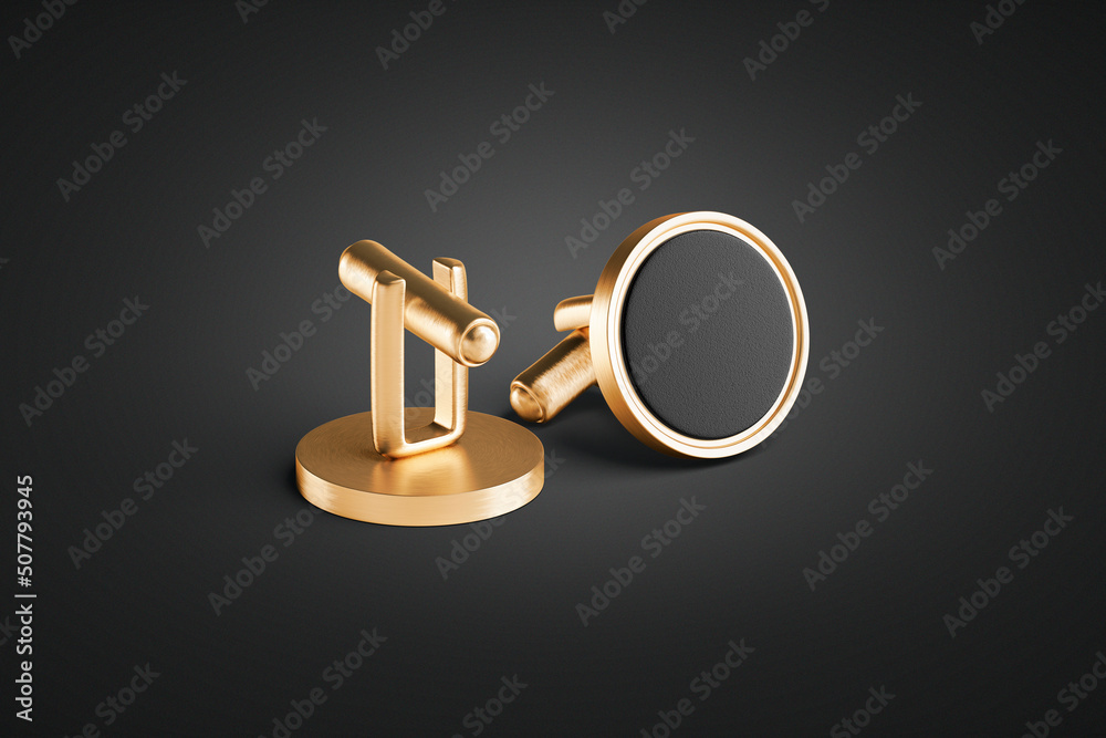 Blank round gold cufflinks toggle with black label mockup pair