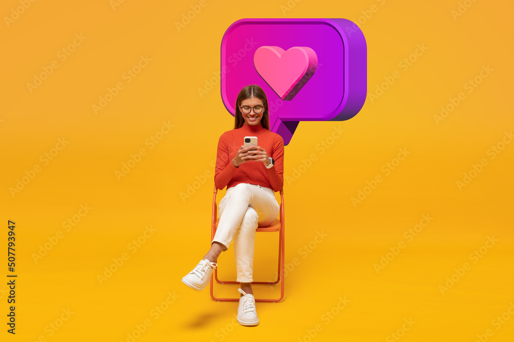 Pretty girl chatting with friend on phone with speech bubble and like button Pretty girl chatting with friend on phone with speech bubble and like button
