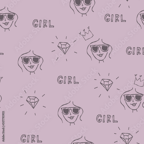 Cute pink pattern with line faces  doodle girl  crown  diamond. Seamless background textile. Minimalism paper scrapbook.