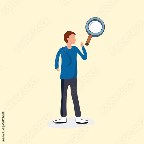 A Young man holding a magnifying glass. 
 vector illustration