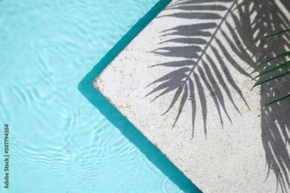 Swimming pool top view background. Water ring and palm shadow on travertine stone - obrazy, fototapety, plakaty 