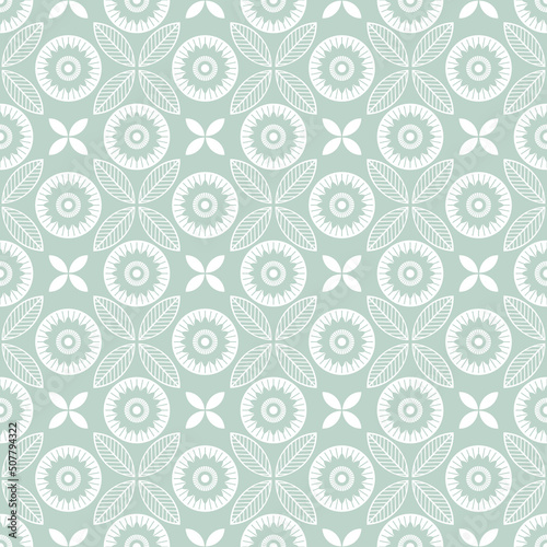 Pale green ornament seamless vector pattern. Symmetrical flower backdrop. Geometric floral background. Ethnic graphic illustration. Wallpaper, fabric, textile, print, wrapping paper or package design