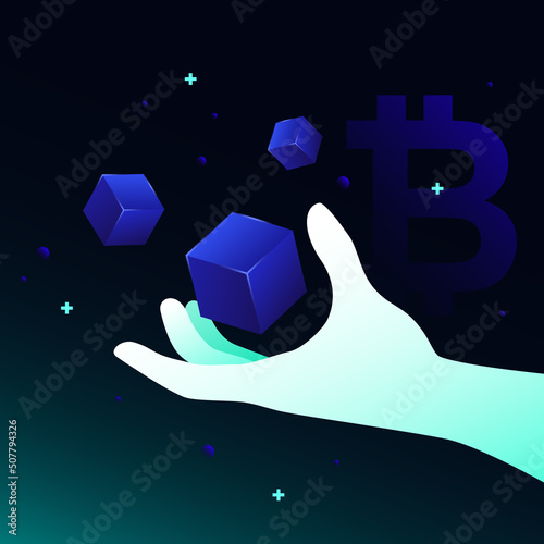 Dark Gradient Blockchain Illustration. Hand Holding Isometric Cubes. Vector illustration