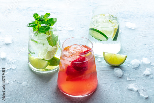 Summer cocktails. Cold drinks with fresh fruit. Healthy mocktails. Glasses of lemonade with ice